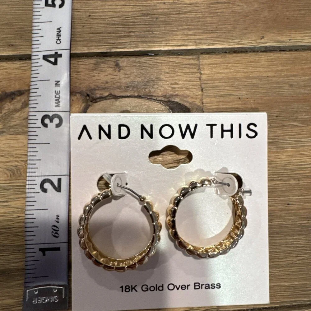 And Now This 18 KT Gold Brass Textured Hoop Earrings Classic 1.25" NEW $50 - Picture 4 of 7